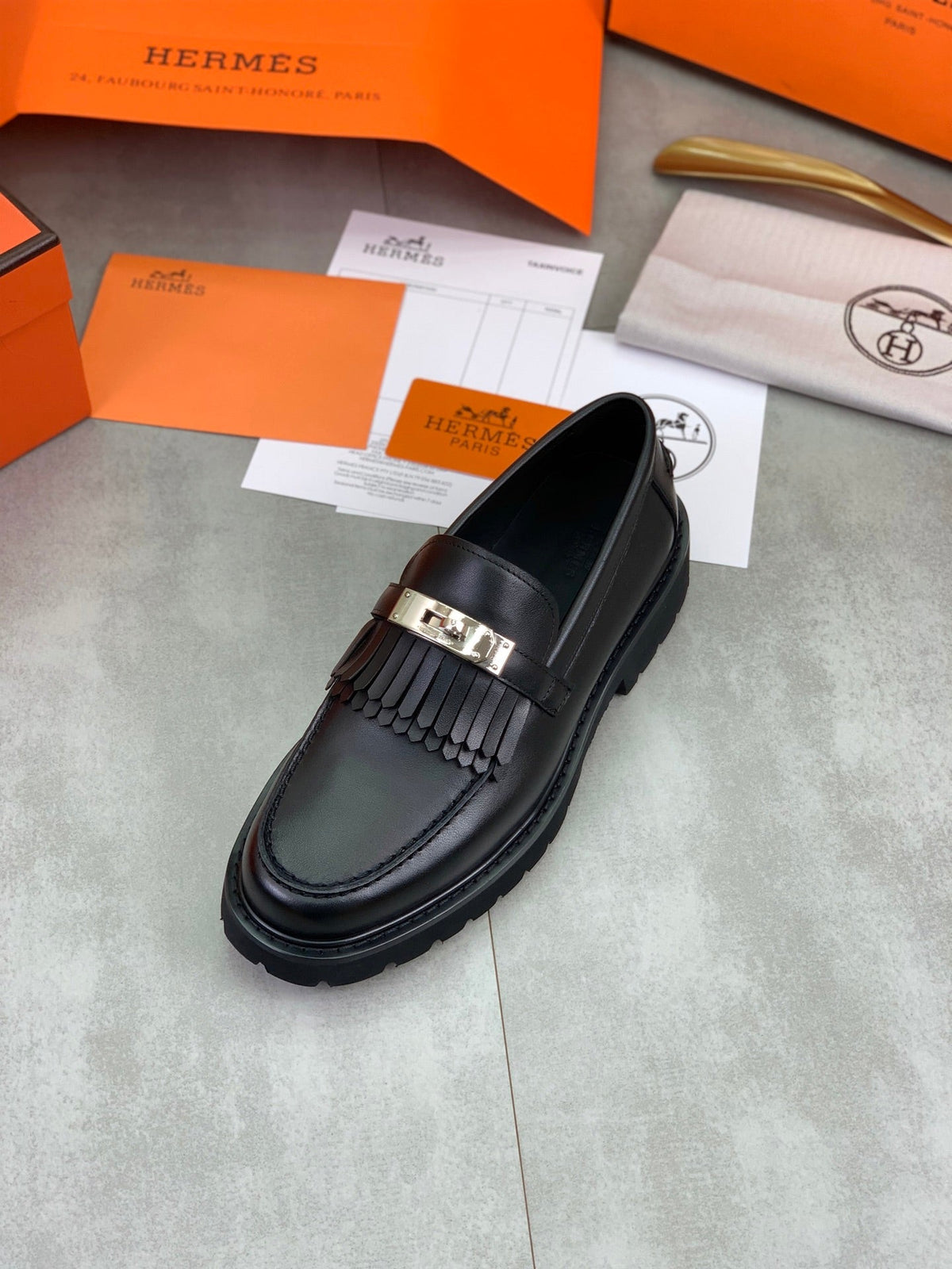 Hermès Men's Kelly Buckle Tassel Loafers "Black" Smooth Calf Leather Thick Lug Sole Slip On Shoes