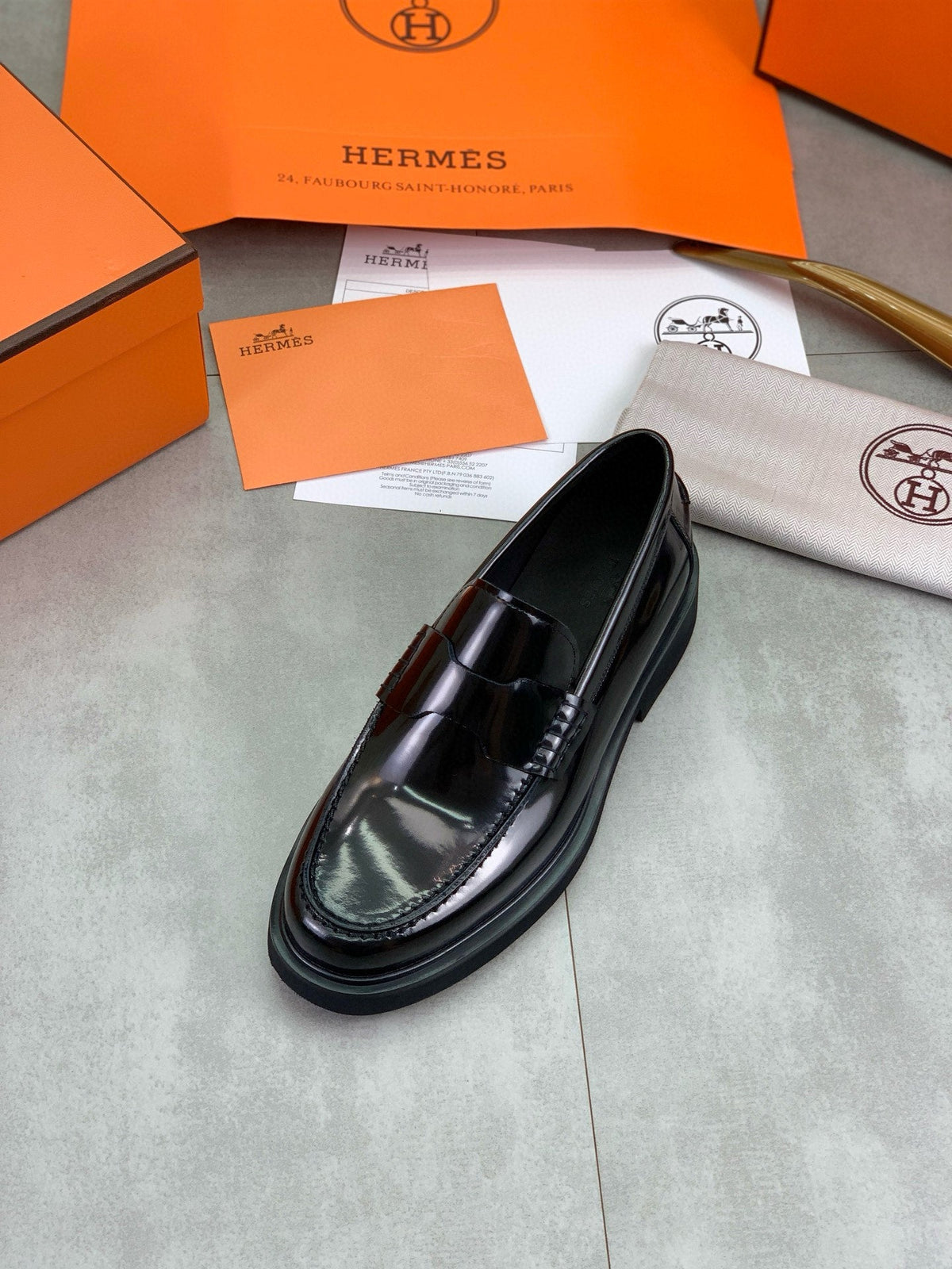 Hermès Men's Penny Loafers "Black" Polished Calf Leather Thick Sole Dress Shoes