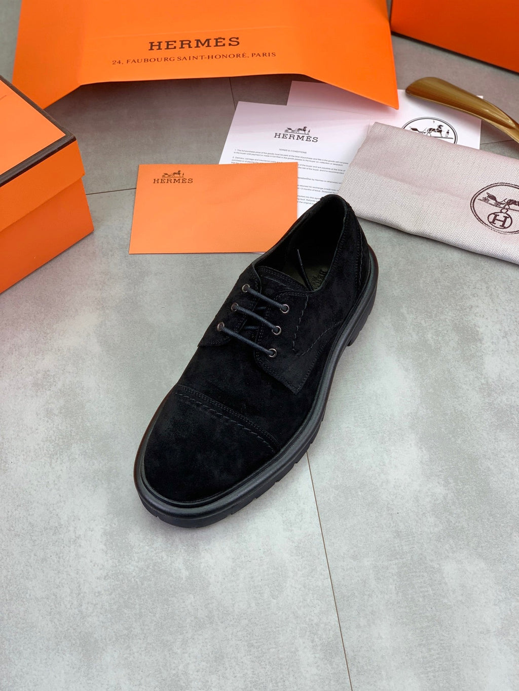 Hermès Men's Cap Toe Derby Shoes "Black" Suede Thick Lug Sole Casual Dress Shoes