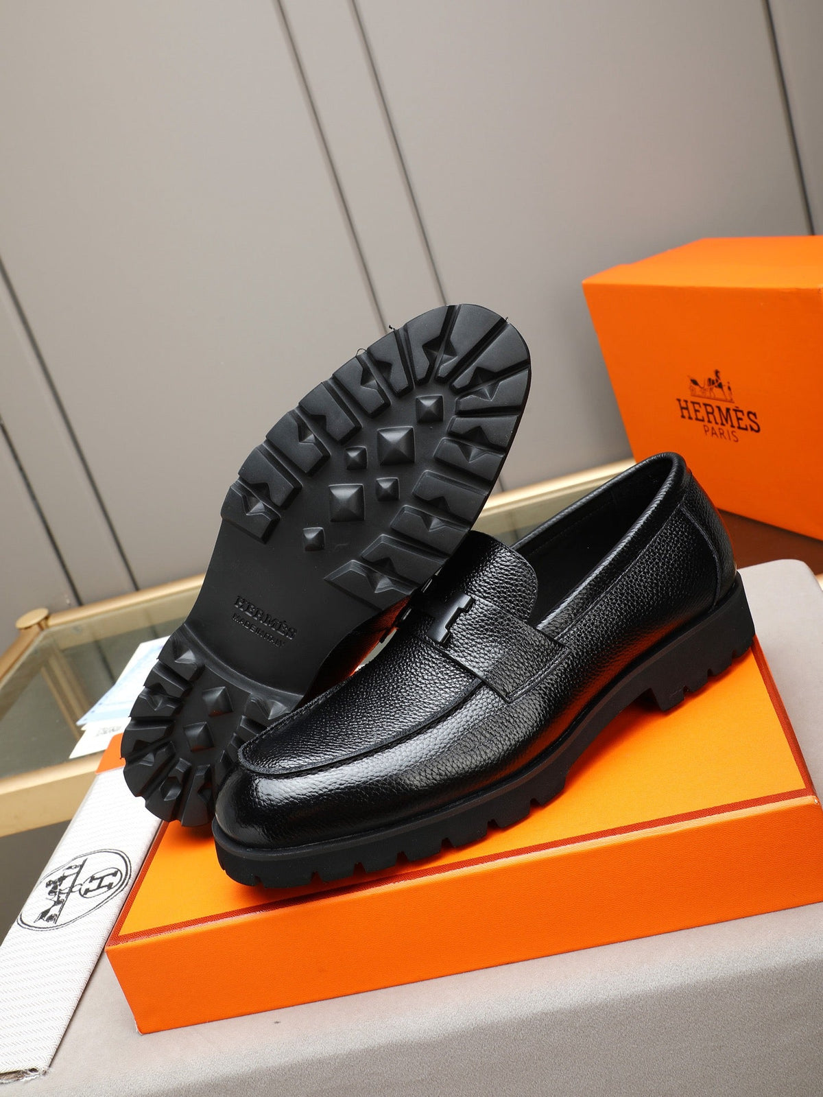 Hermès Trait Loafer "Black" Grain Leather Men Thick Sole Loafers