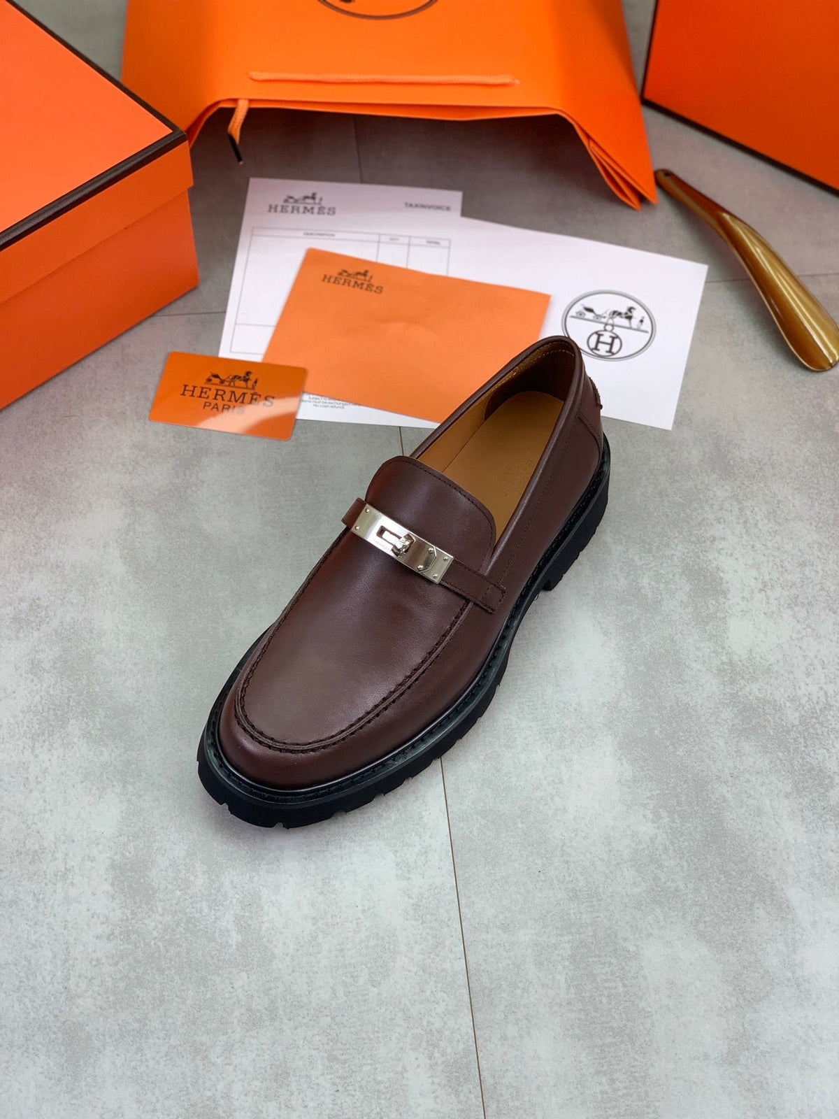 Hermes Group Series "Brown" Calfskin Kelly Buckle Men Chunky Loafers