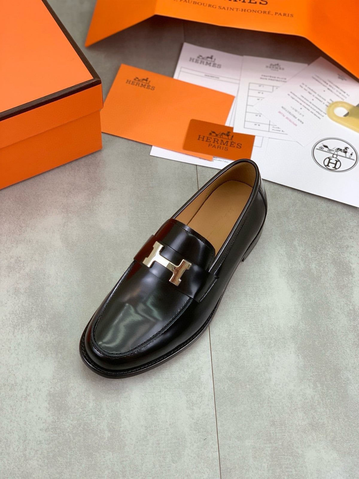 Hermès Men's H Logo Loafers "Black" Polished Calf Leather Slip On Formal Dress Shoes