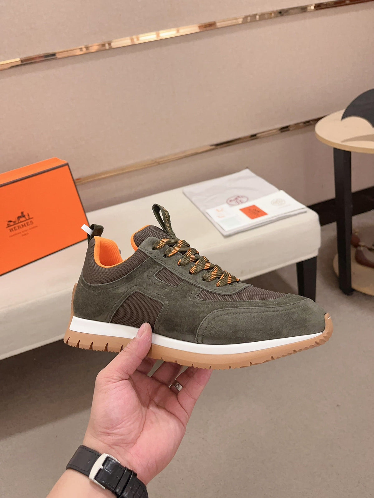 Hermès Trail Sneaker "Olive Green" Suede Mesh Men Outdoor Sneakers