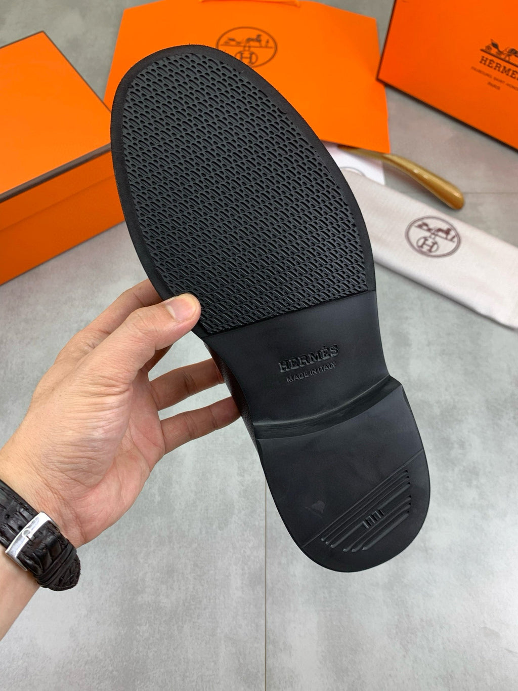Hermes Group Series "Black" Grain Leather Men Penny Loafers