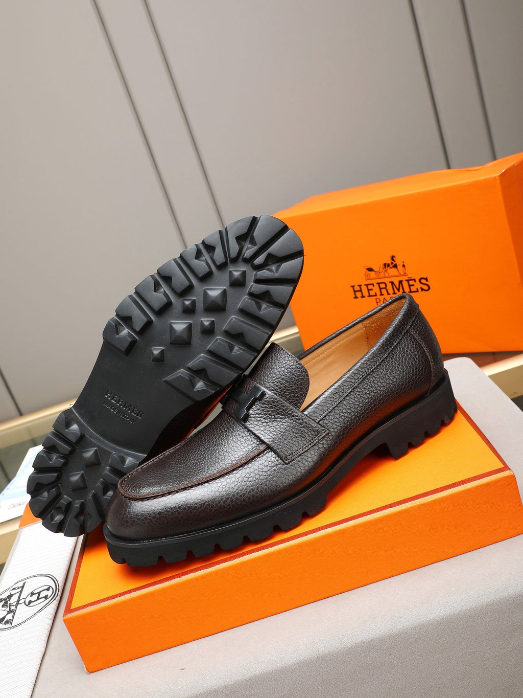 Hermès Trait Loafer "Dark Brown" Grain Leather Men Thick Sole Loafers