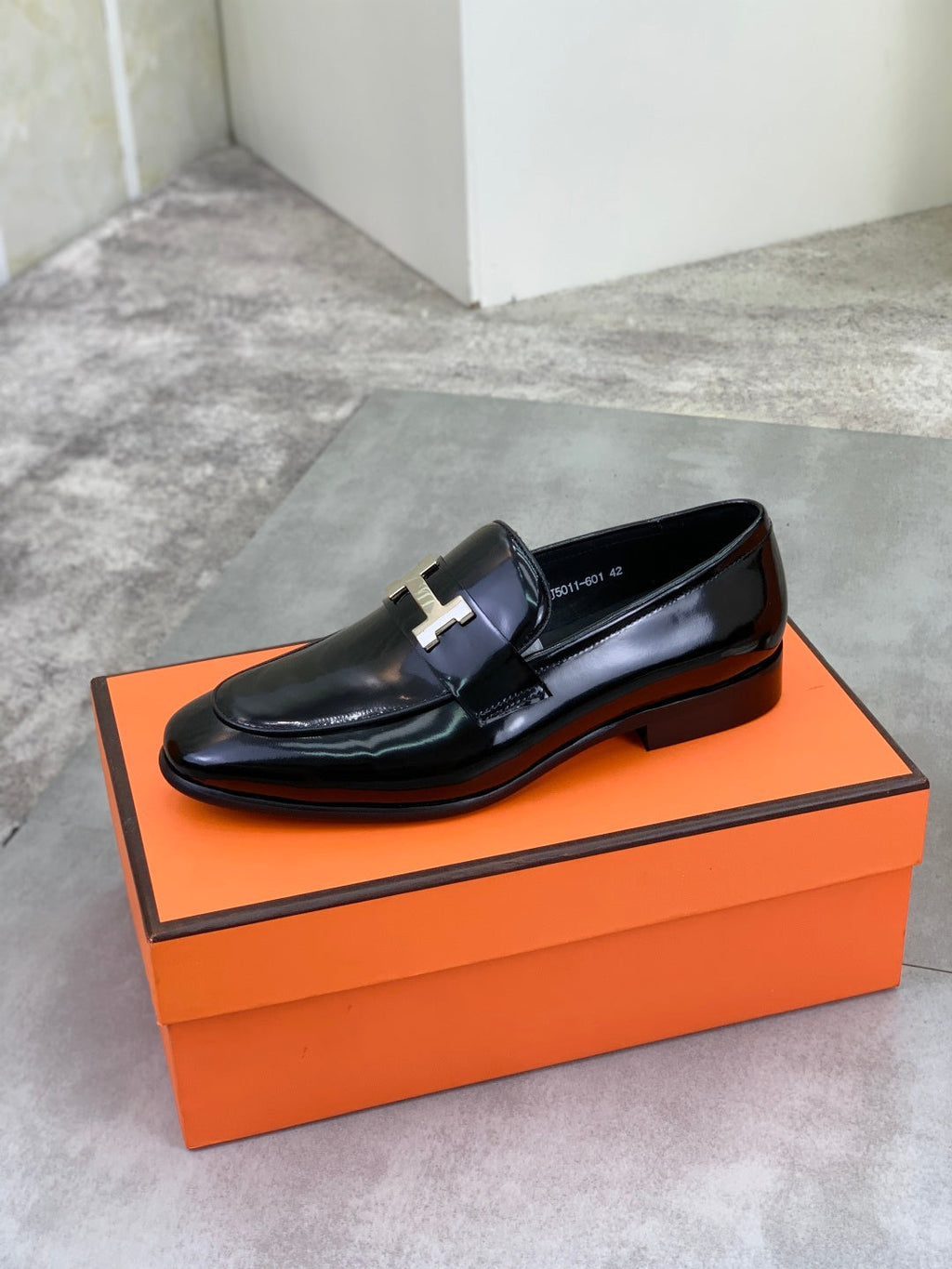 Hermes Royal Loafers Men's "Black" Patent Leather H Logo Slip On Dress Shoes