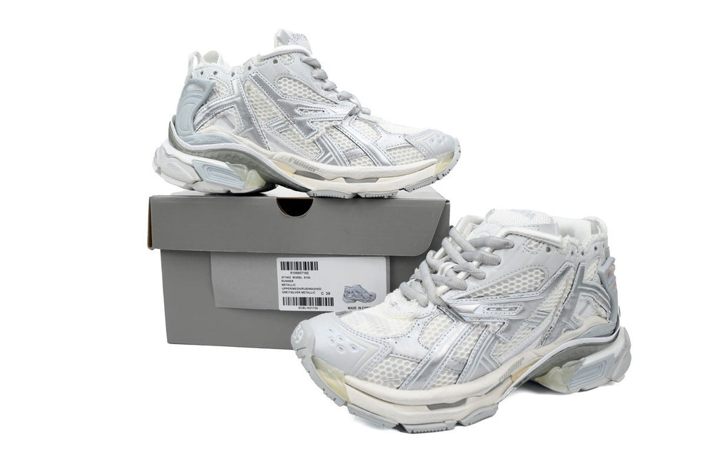 Balenciaga Runner Mid Sneakers Silver White Mesh "Silver Metallic" Chunky Mid Top Trainer