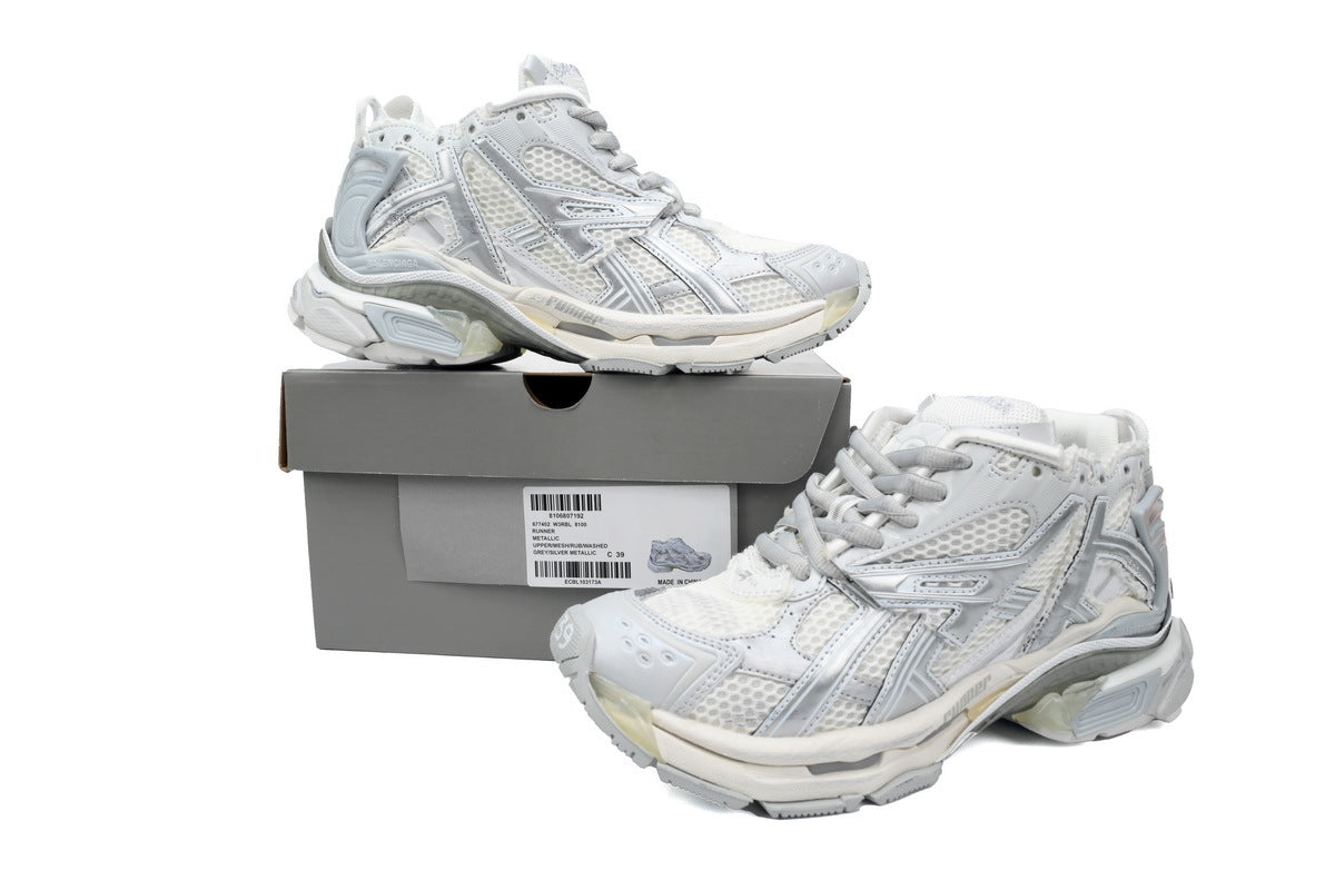 Balenciaga Runner Mid Sneakers Silver White Mesh "Silver Metallic" Chunky Mid Top Trainer