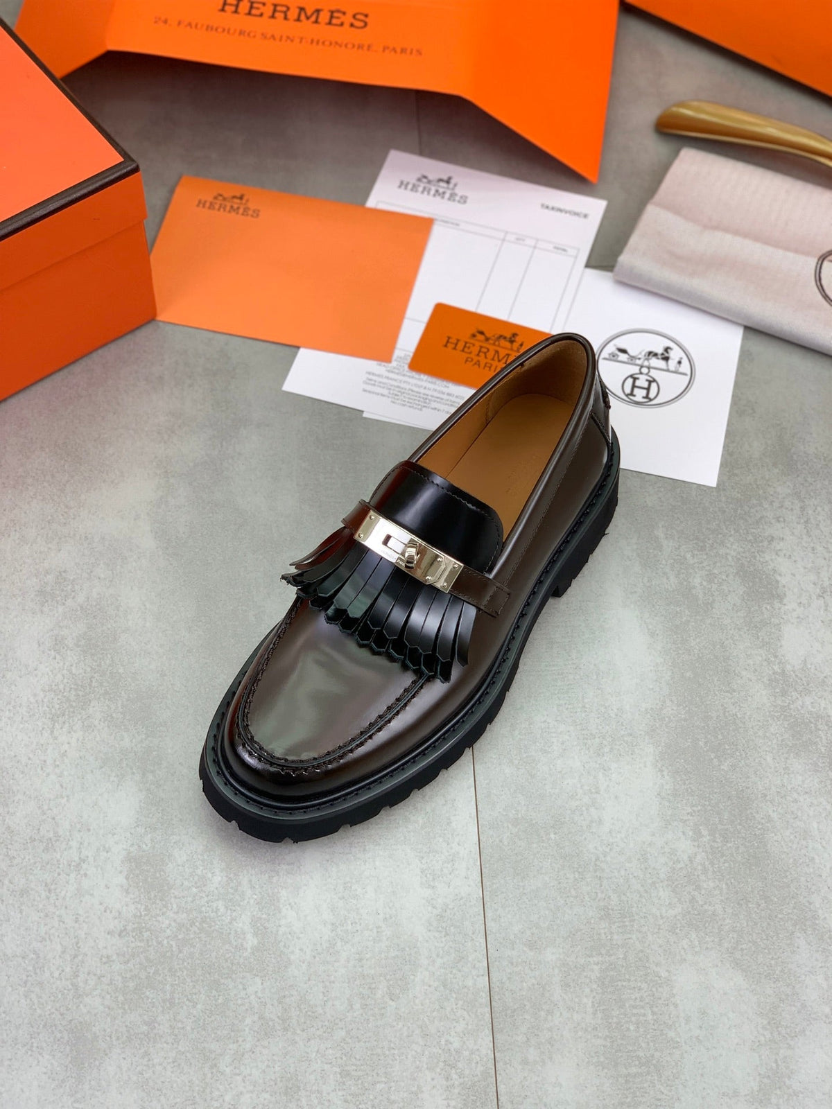 Hermès Men's Kelly Buckle Tassel Loafers "Dark Brown" Polished Calf Leather Thick Lug Sole Slip On Shoes