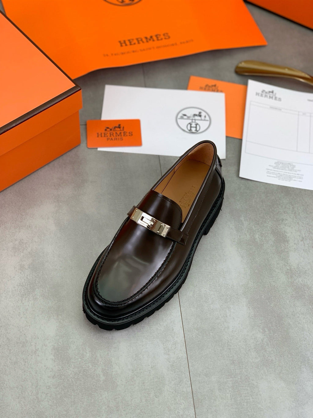 Hermes Group Series "Dark Brown" Polished Leather Kelly Buckle Men Chunky Loafers