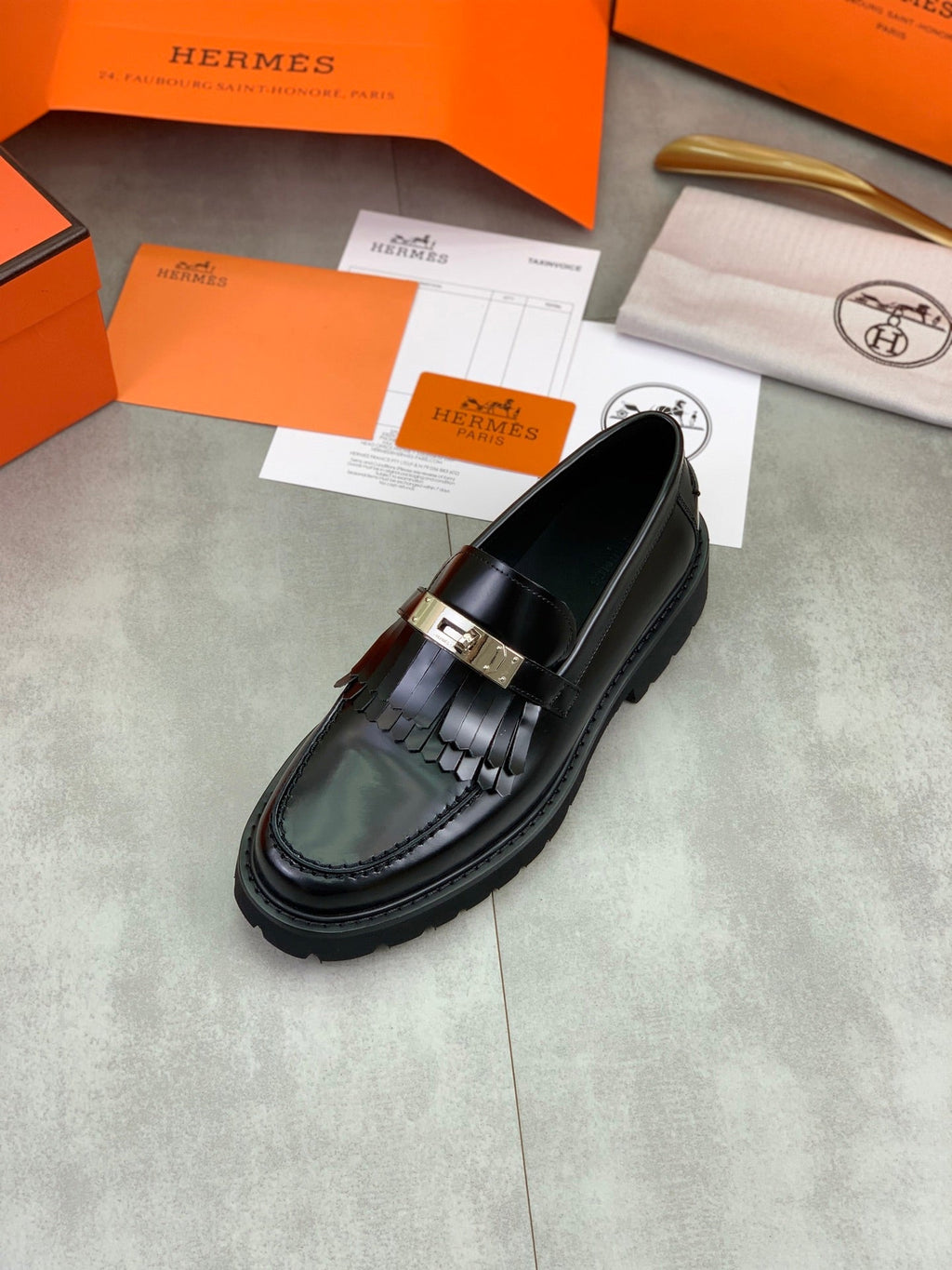 Hermès Men's Penny Loafers "Black" Polished Calf Leather Metal Buckle Slip On Dress Shoes