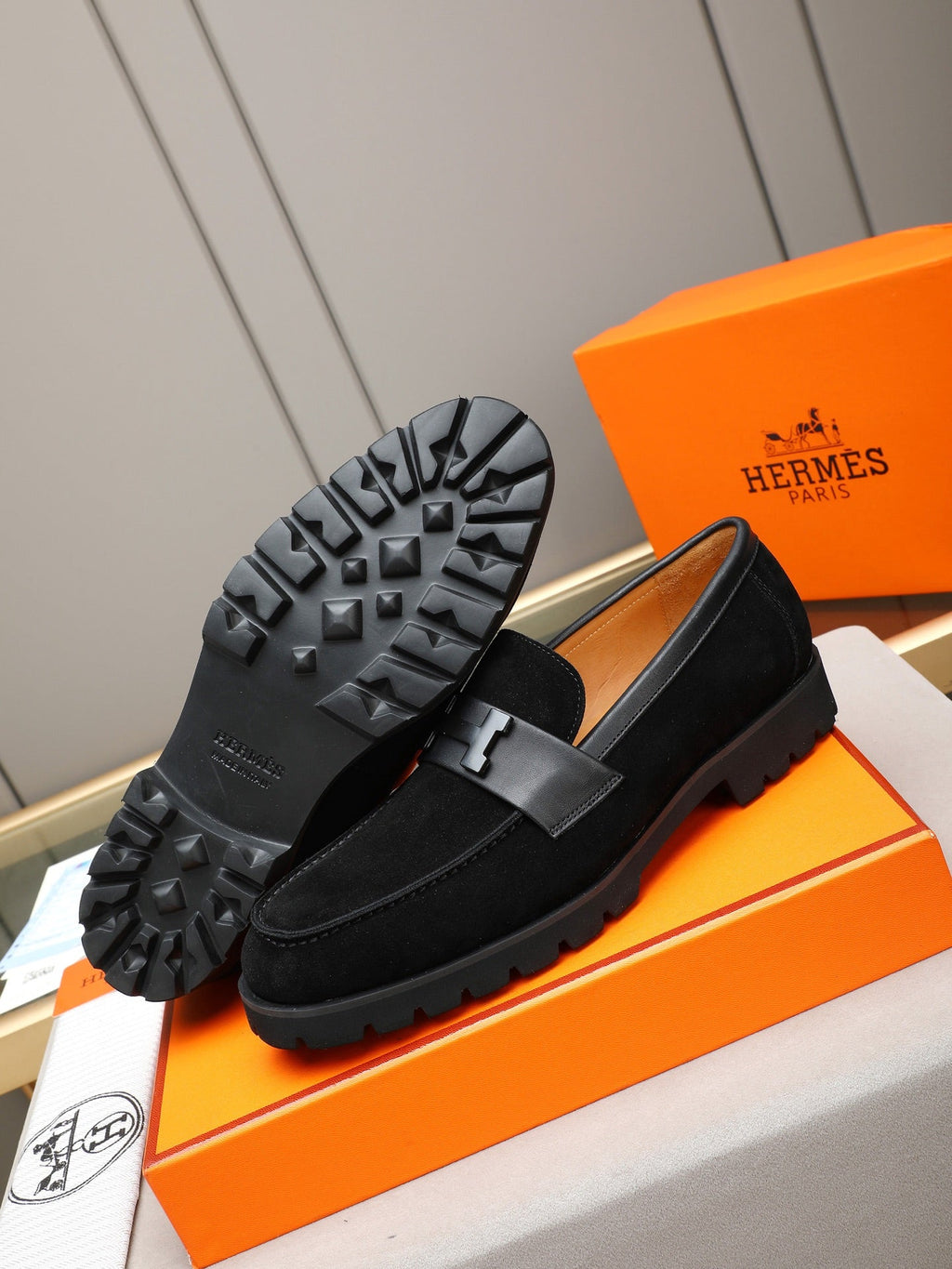 Hermès Trait Loafer "Black" Suede Leather Men Thick Sole Loafers
