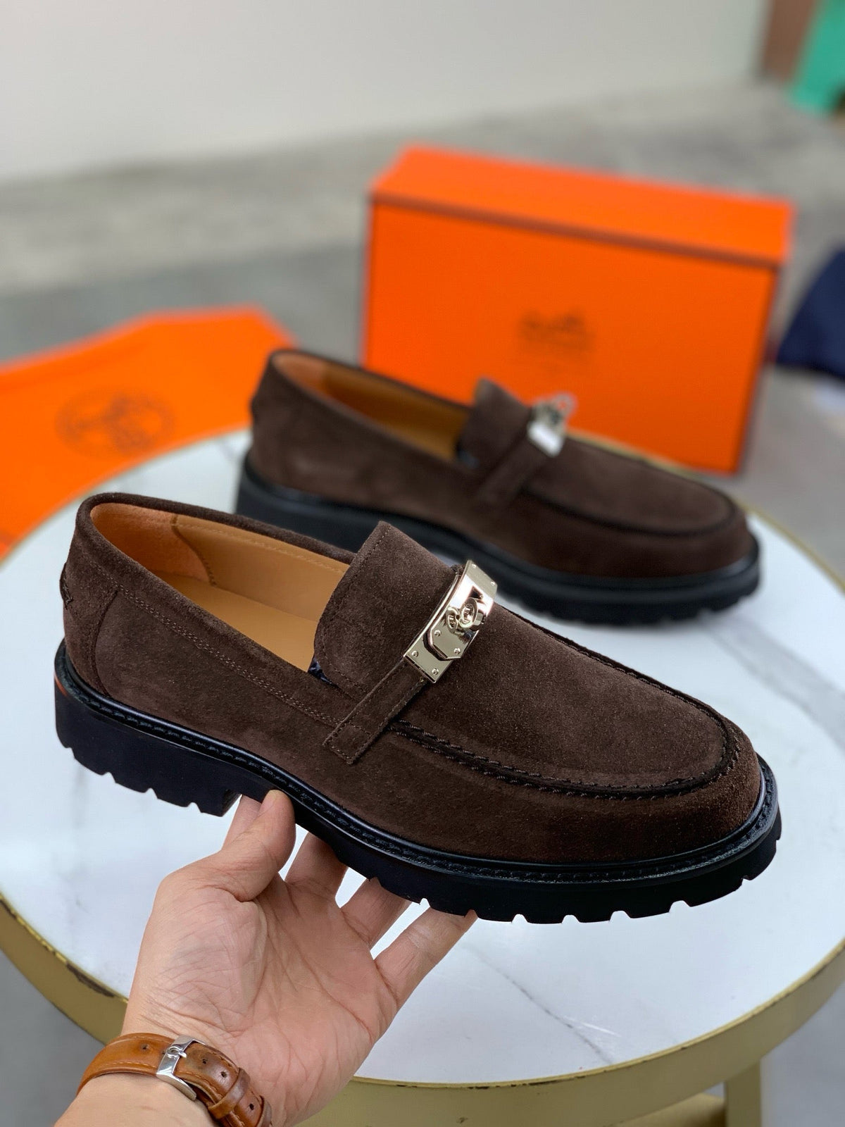 Hermes Group Series "Dark Brown" Suede Kelly Buckle Men Chunky Loafers