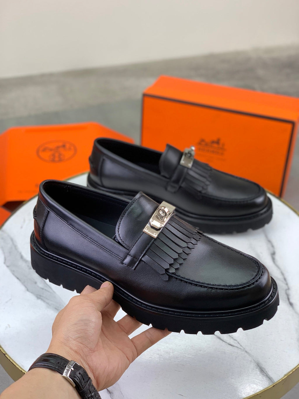 Hermès Men's Kelly Buckle Tassel Loafers "Black" Smooth Calf Leather Thick Lug Sole Slip On Shoes
