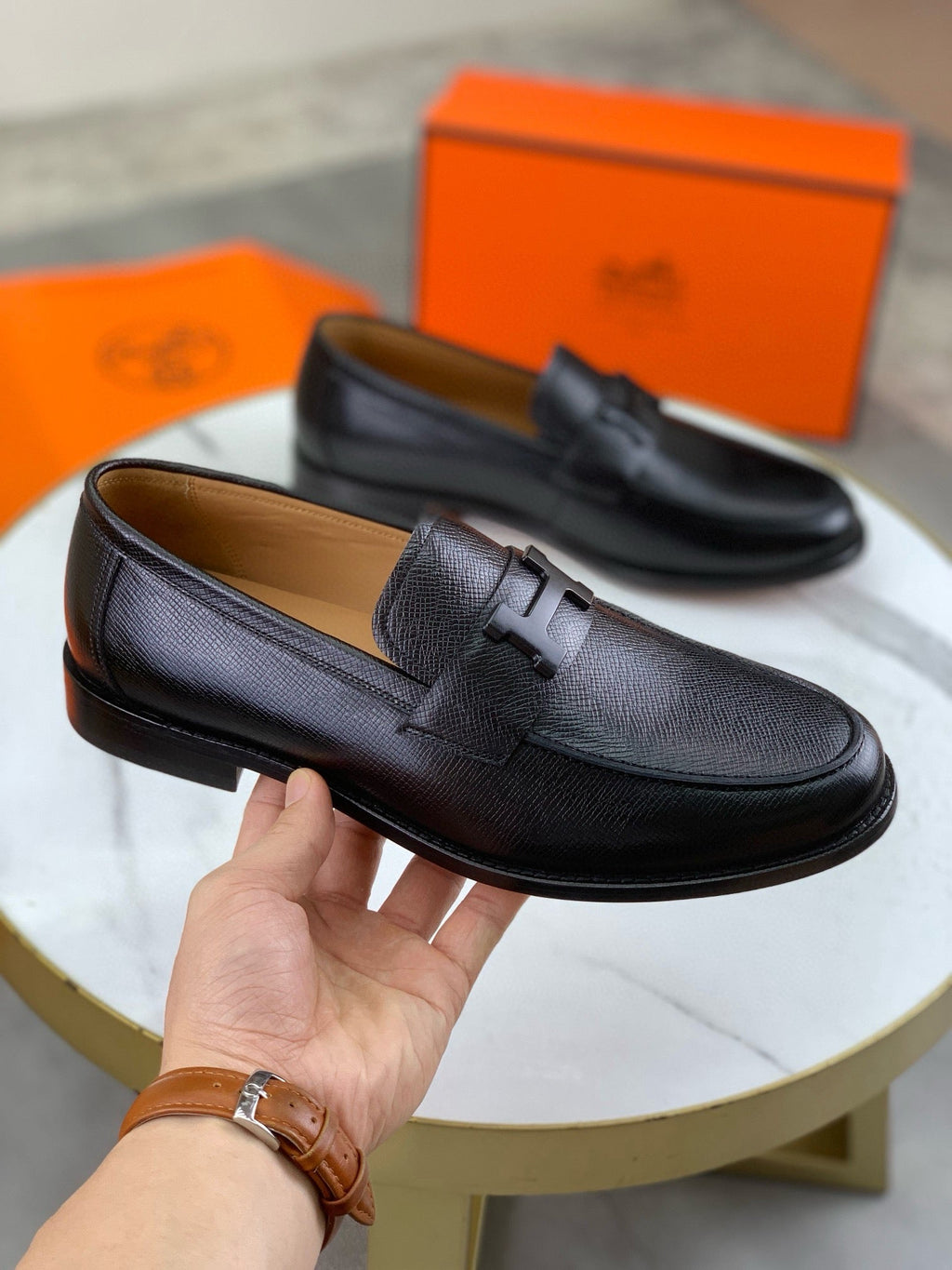 Hermès Men's H Logo Loafers "Black" Grained Calf Leather Slip On Formal Dress Shoes