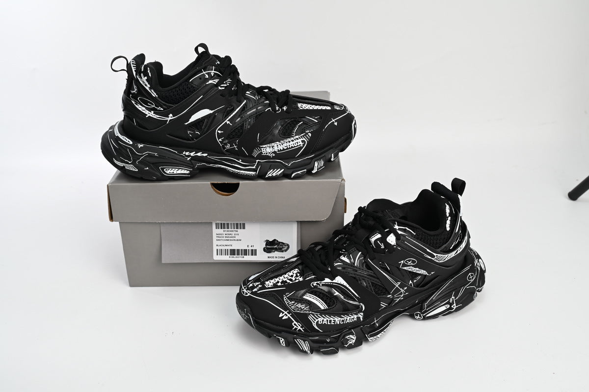 Balenciaga Track Sneakers "Black White Sketch"-retro thick sole dad shoes，Women's Shoe Sale / Men's Shoe Sale