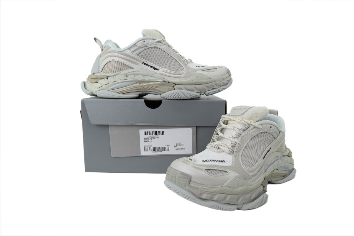 Balenciaga Triple S 2.0 Mesh Layered Chunky Sneaker in "Eggshell"-retro thick sole dad shoes，Women's Shoe Sale / Men's Shoe Sale
