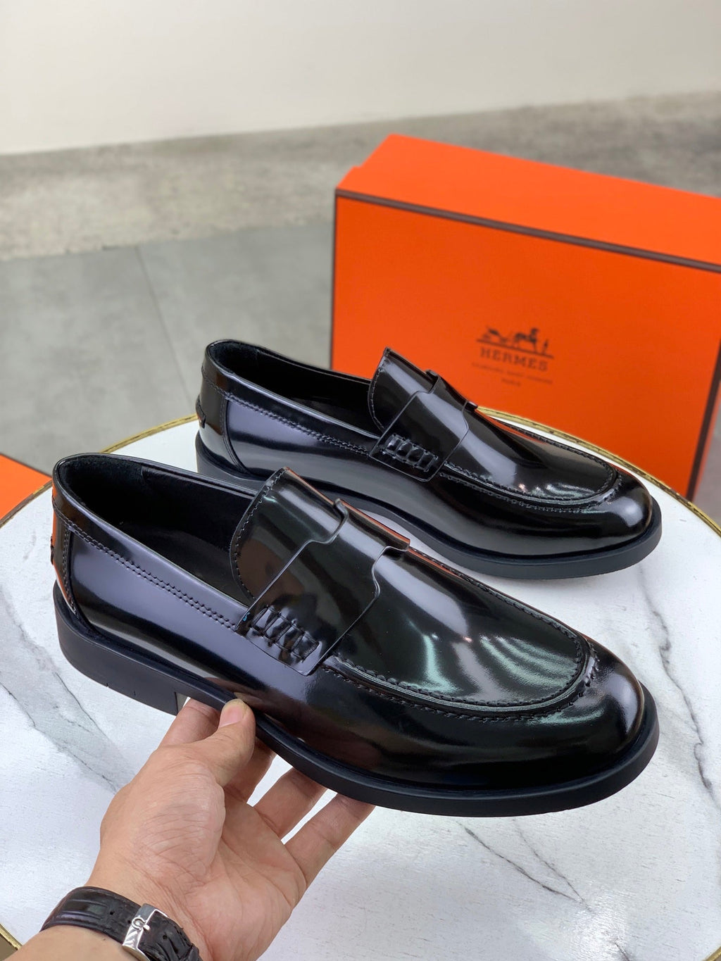 Hermes Group Series "Black" Patent Leather Penny Men Loafers