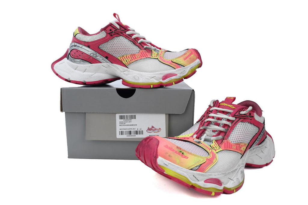 Balenciaga Stapler Sneakers Men Women "White Pink Fluorescent Yellow"-retro thick sole dad shoes，Women's Shoe Sale / Men's Shoe Sale