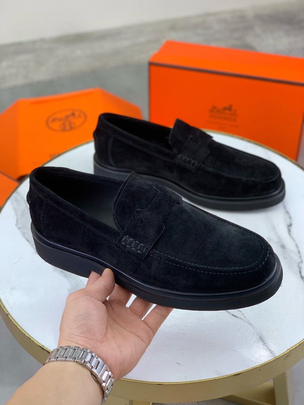 Hermès Men's Penny Loafers "Black" Suede Leather Thick Sole Casual Dress Shoes
