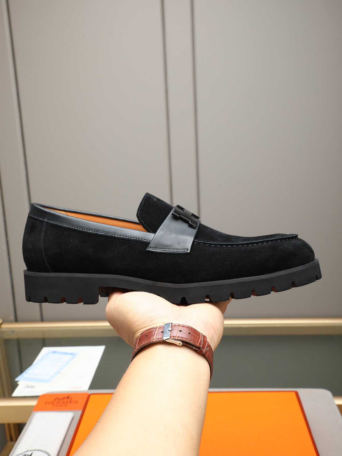 Hermès Trait Loafer "Black" Suede Leather Men Thick Sole Loafers