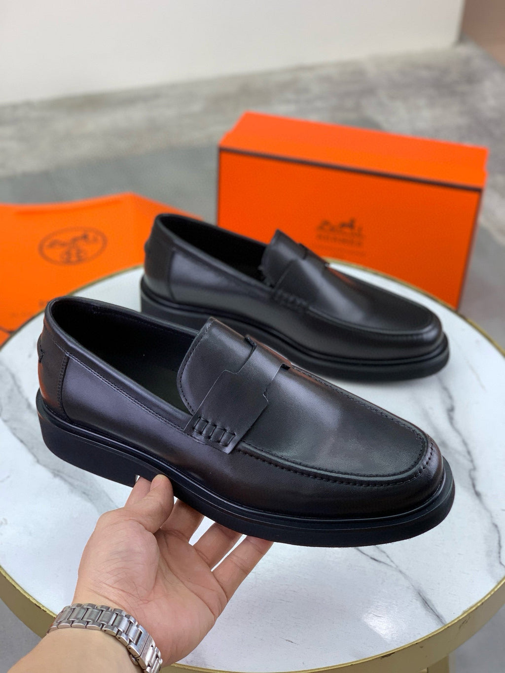 Hermès Men's H Penny Loafers "Black" Smooth Calfskin Thick Sole Business Shoes