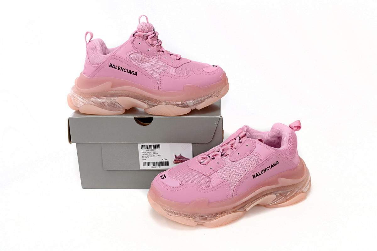 Balenciaga Triple S Sneakers "Pink Clear Sole"-retro thick sole dad shoes，Women's Shoe Sale / Men's Shoe Sale