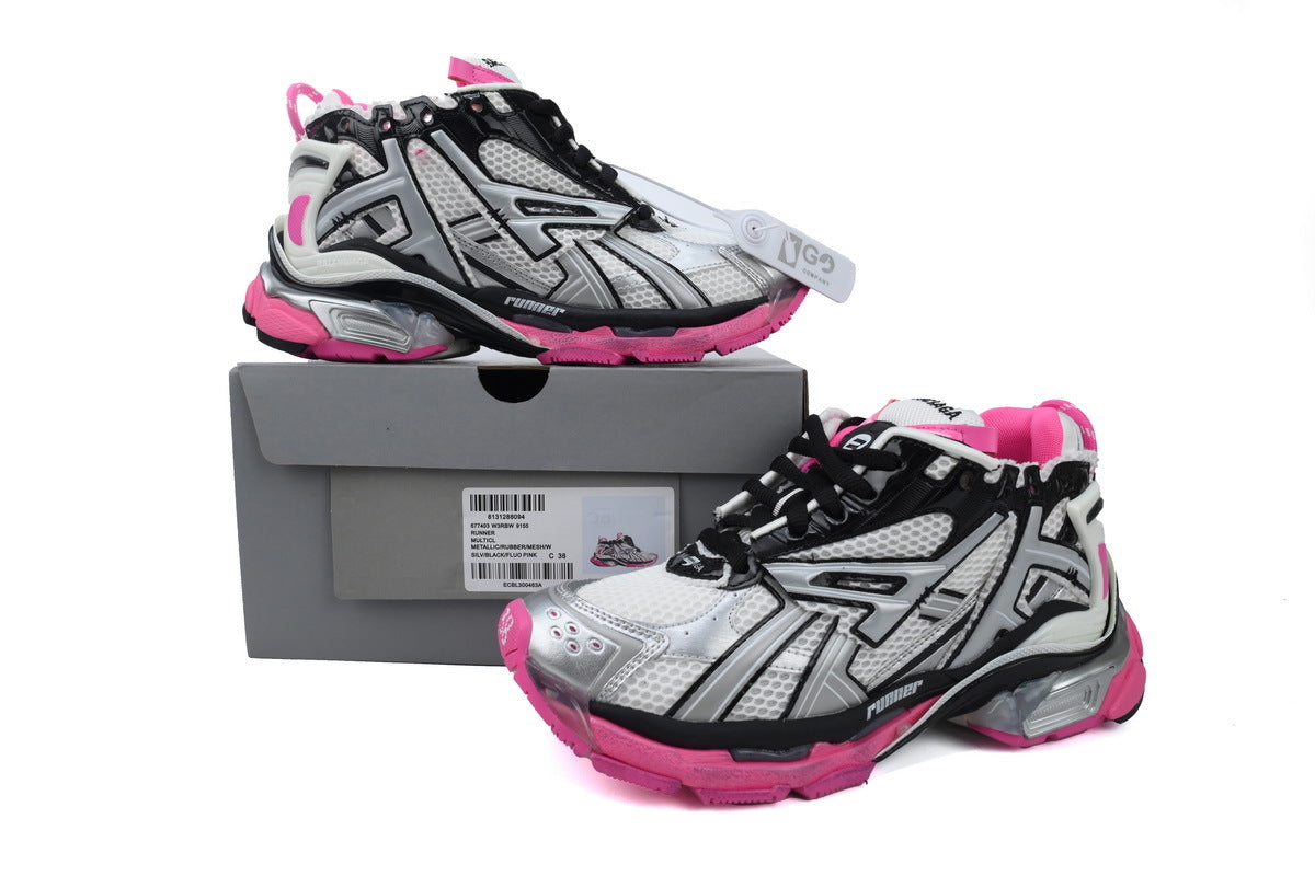 Balenciaga Runner Sneakers Men Women "Silver Black Fluorescent Pink"-retro thick sole dad shoes，Women's Shoe Sale / Men's Shoe Sale