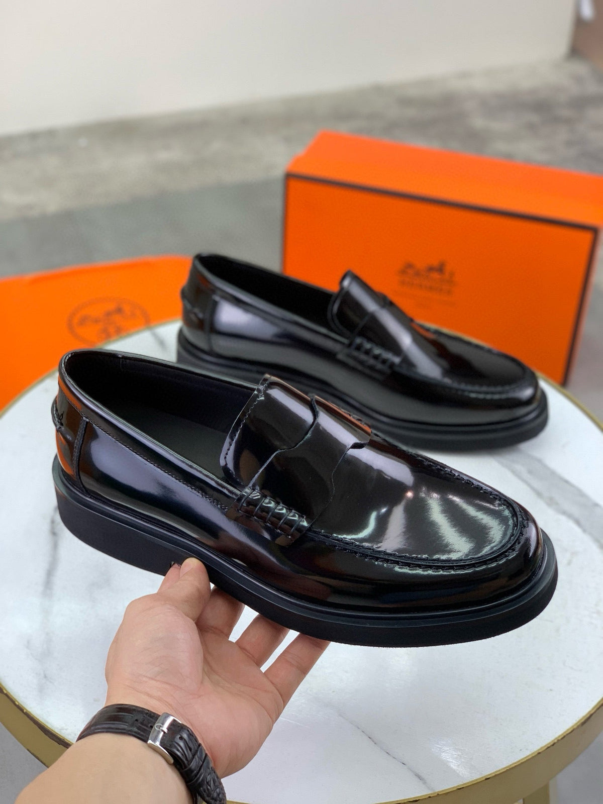 Hermès Men's Penny Loafers "Black" Polished Calf Leather Thick Sole Dress Shoes