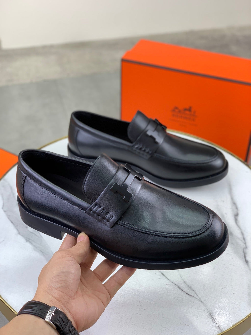 Hermes Group Series "Black" Smooth Leather H Logo Men Loafers
