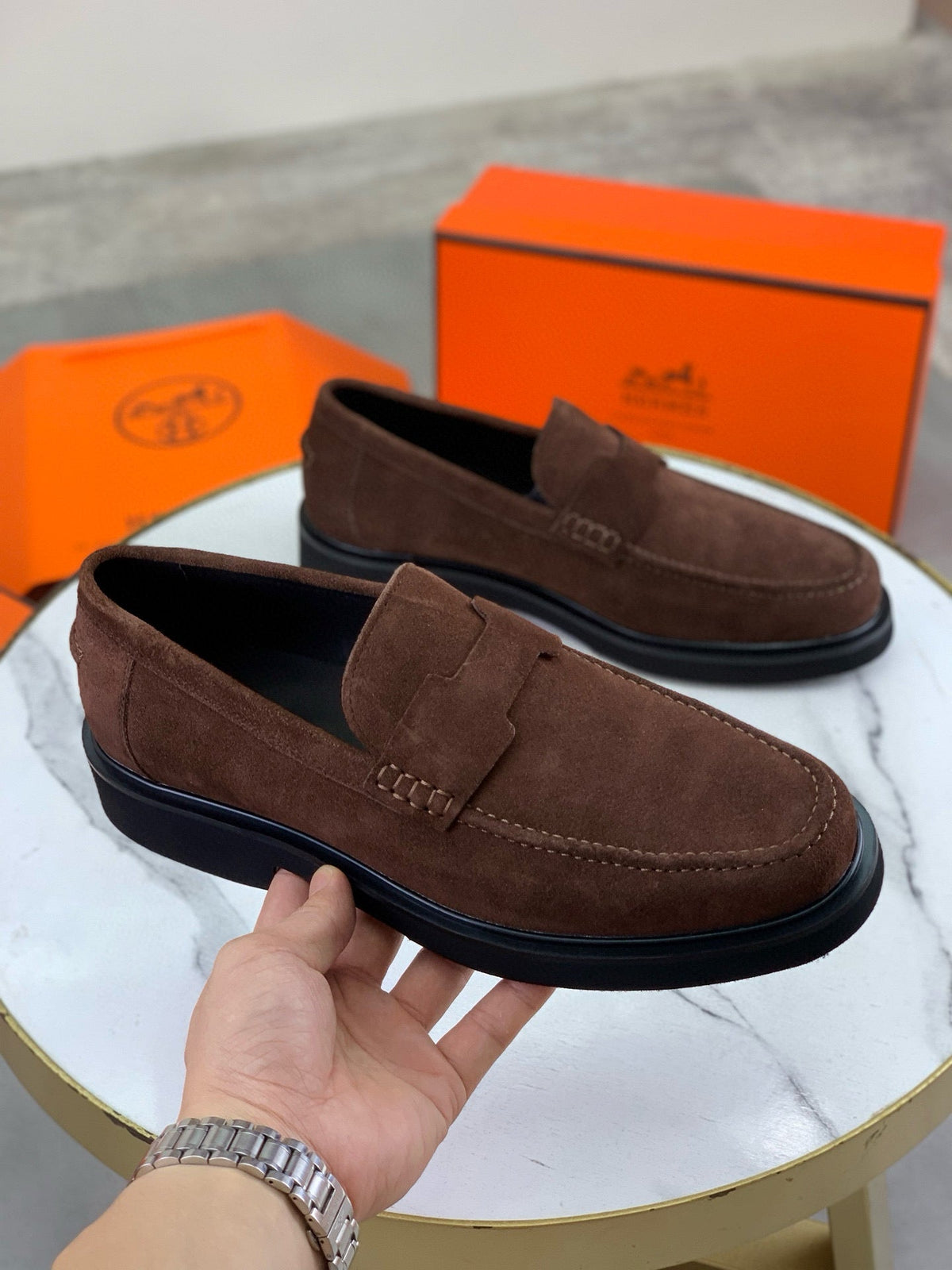 Hermès Men's Penny Loafers "Brown" Suede Leather Thick Sole Casual Dress Shoes