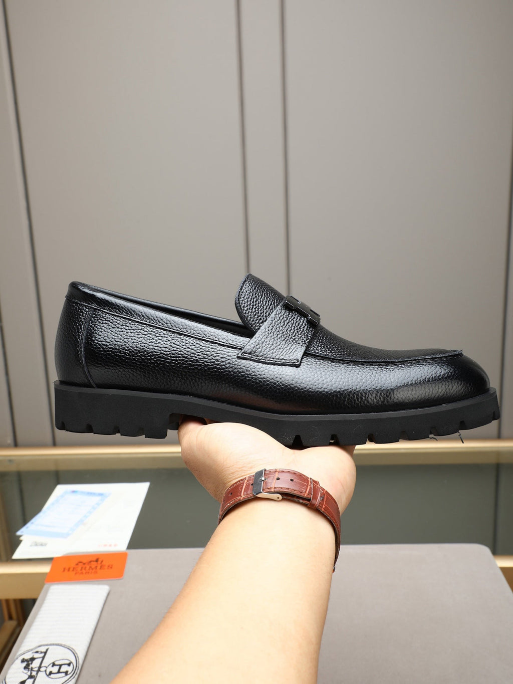 Hermès Trait Loafer "Black" Grain Leather Men Thick Sole Loafers