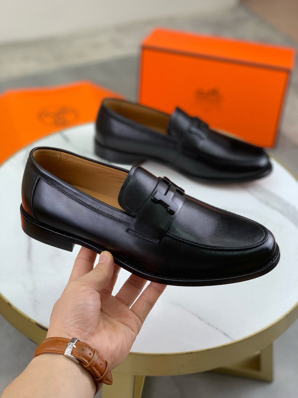 Hermès Men's H Logo Loafers "Black" Smooth Calf Leather Slip On Formal Dress Shoes