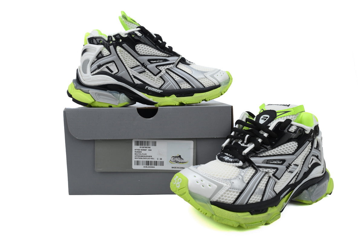 Balenciaga Runner Sneakers "White Black Fluorescent Green"-retro thick sole dad shoes，Women's Shoe Sale / Men's Shoe Sale