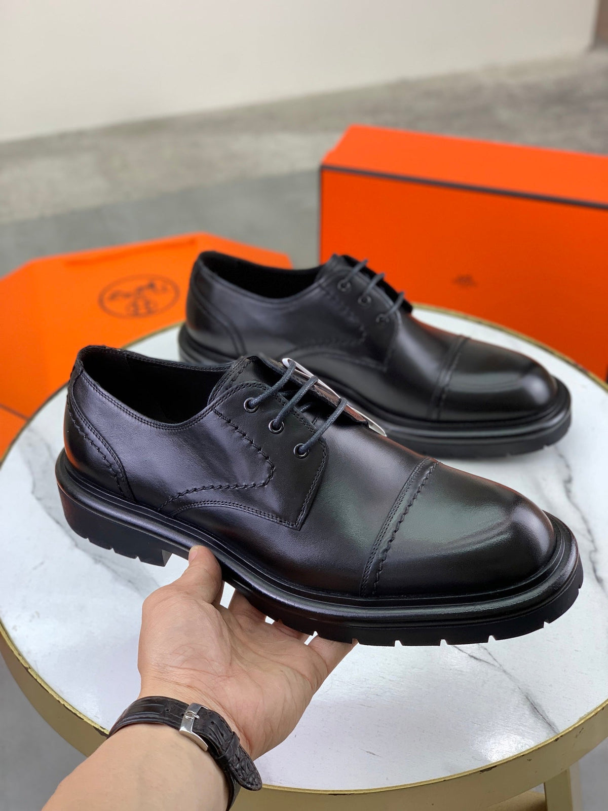 Hermès Men's Cap Toe Derby Shoes "Black" Smooth Leather Thick Lug Sole Casual Dress Shoes