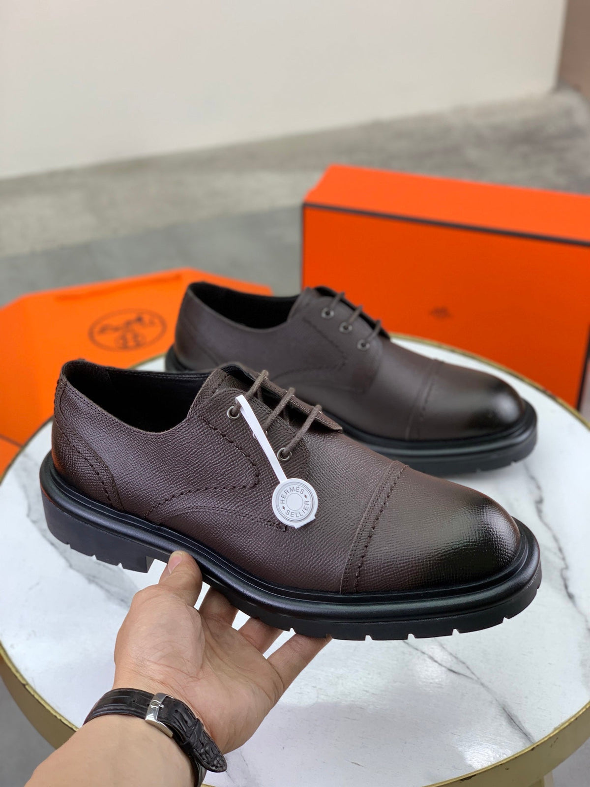 Hermès Men's Cap Toe Derby Shoes "Dark Brown" Grained Leather Thick Lug Sole Casual Dress Shoes