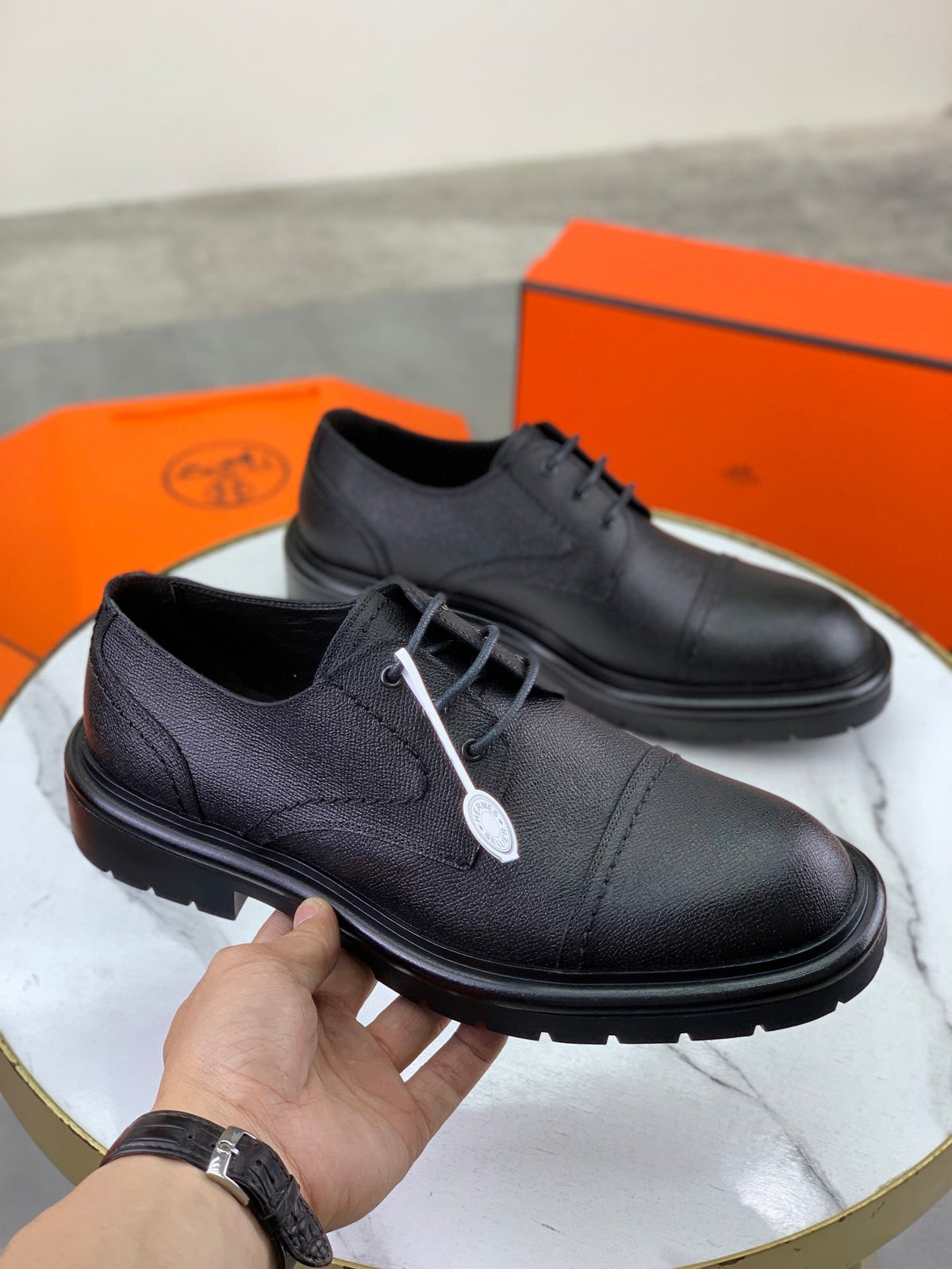 Hermès Men's Cap Toe Derby Shoes "Black" Grained Leather Thick Lug Sole Casual Dress Shoes