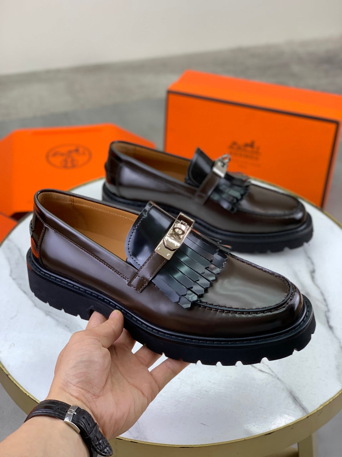 Hermès Men's Kelly Buckle Tassel Loafers "Dark Brown" Polished Calf Leather Thick Lug Sole Slip On Shoes