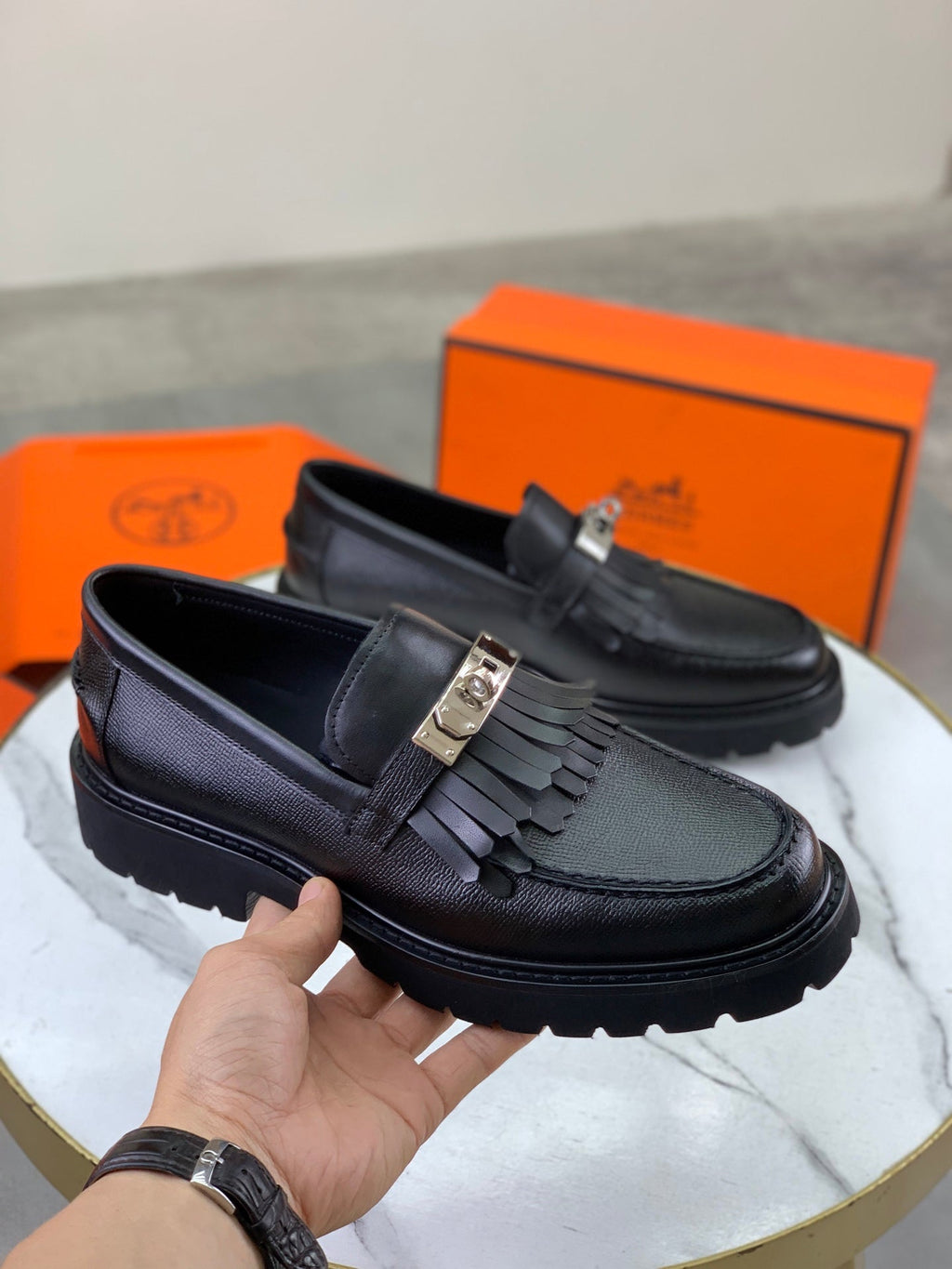 Hermès Men's Kelly Buckle Tassel Loafers "Black" Grain Calf Leather Thick Lug Sole Slip On Shoes
