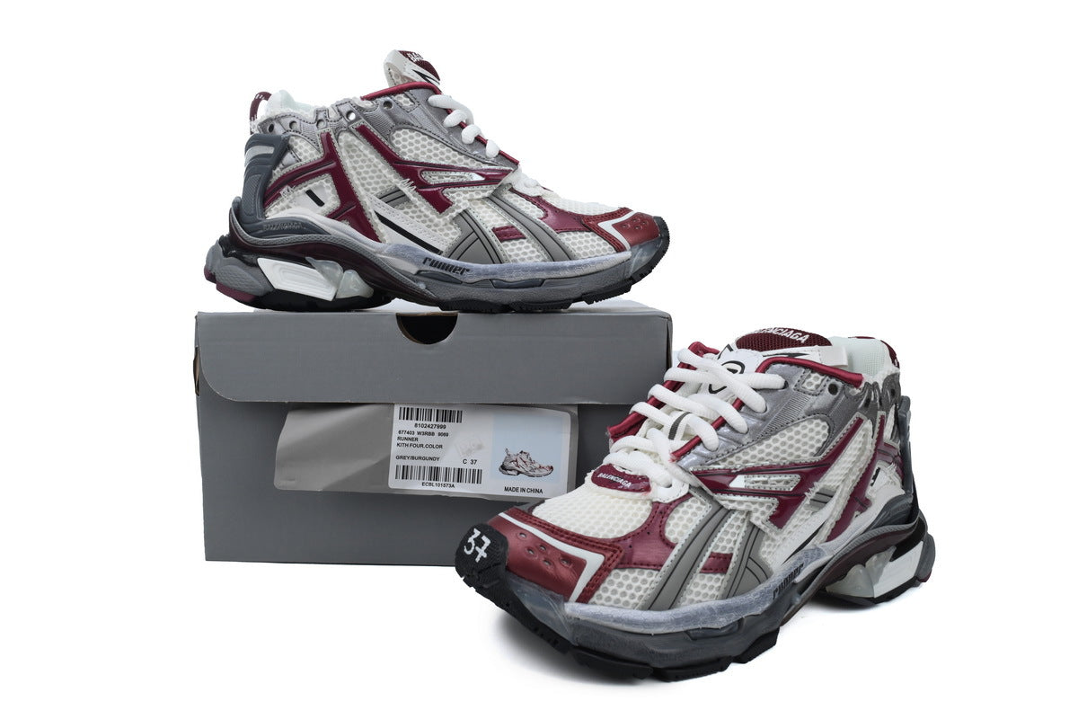 Balenciaga Runner Sneakers "White Burgundy Grey"-retro thick sole dad shoes，Women's Shoe Sale / Men's Shoe Sale