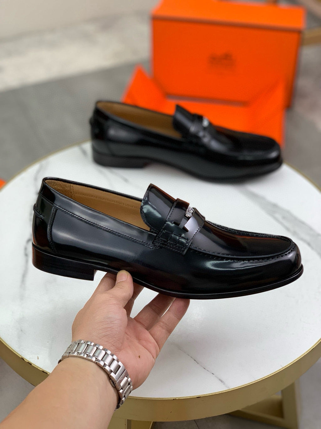 Hermès Men's Penny Loafers "Black" Polished Calf Leather Metal Buckle Slip On Dress Shoes
