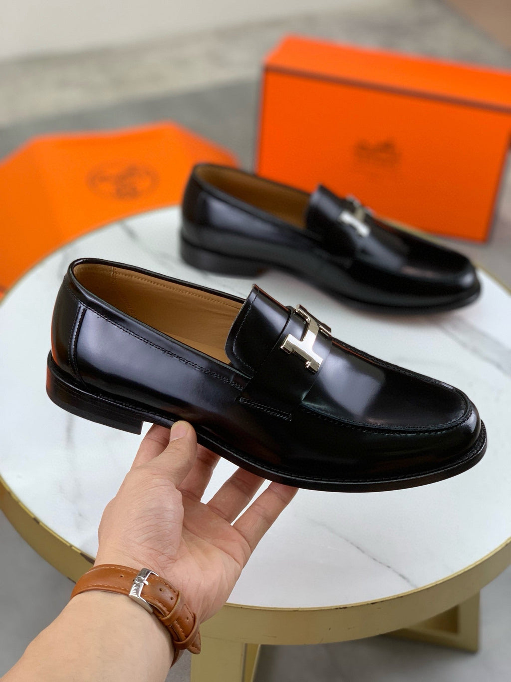Hermès Men's H Logo Loafers "Black" Polished Calf Leather Slip On Formal Dress Shoes