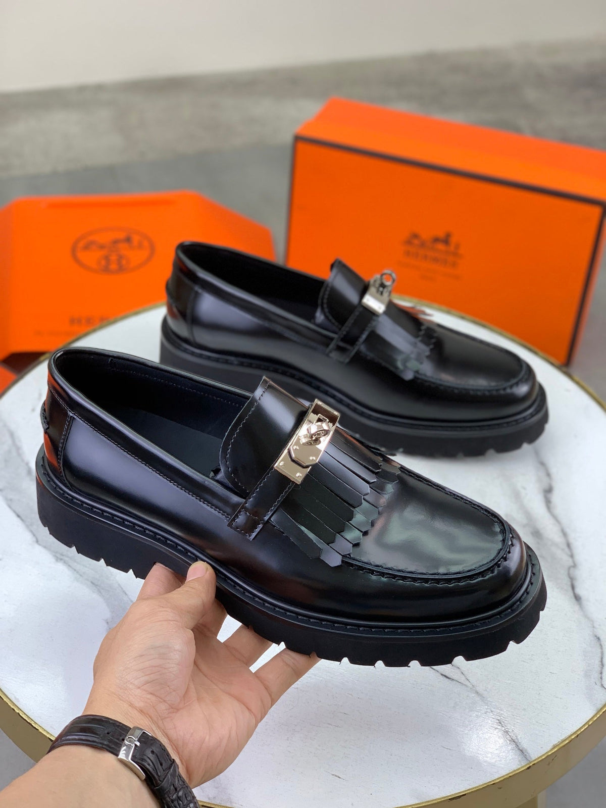 Hermès Men's Penny Loafers "Black" Polished Calf Leather Metal Buckle Slip On Dress Shoes