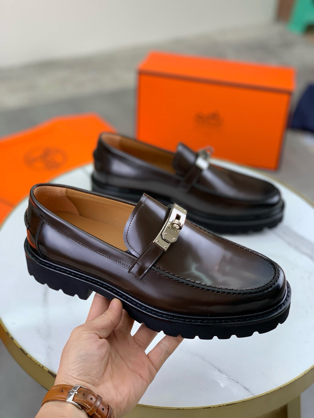 Hermes Group Series "Dark Brown" Polished Leather Kelly Buckle Men Chunky Loafers