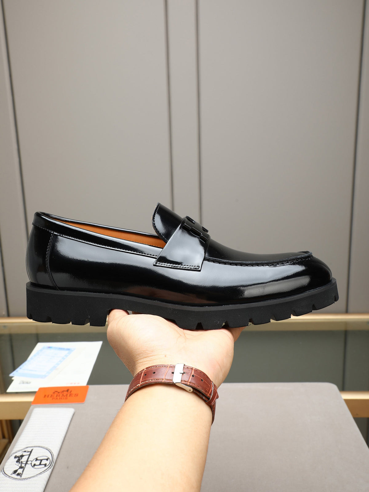 Hermes Group Series "Black" Patent Leather H Logo Thick Sole Men Loafers