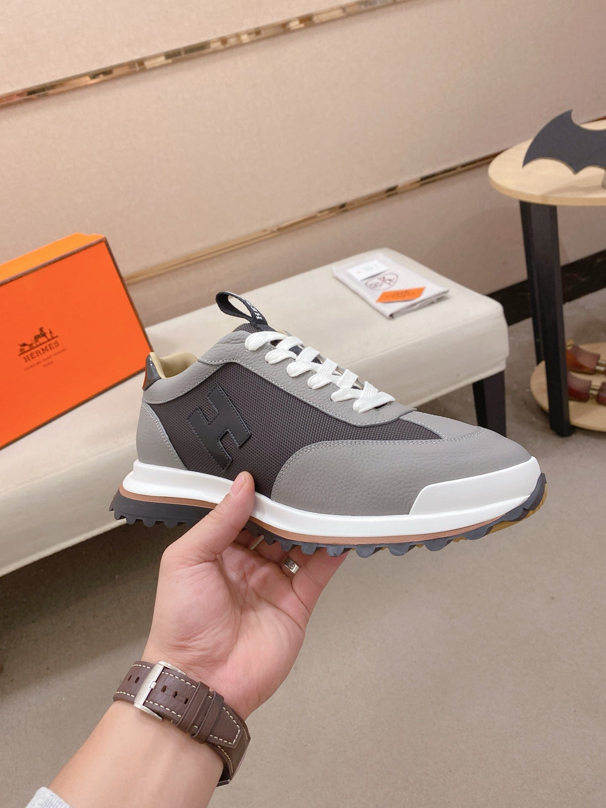 Hermès Trail Sneaker "Grey" Leather Mesh Men Casual Sneakers