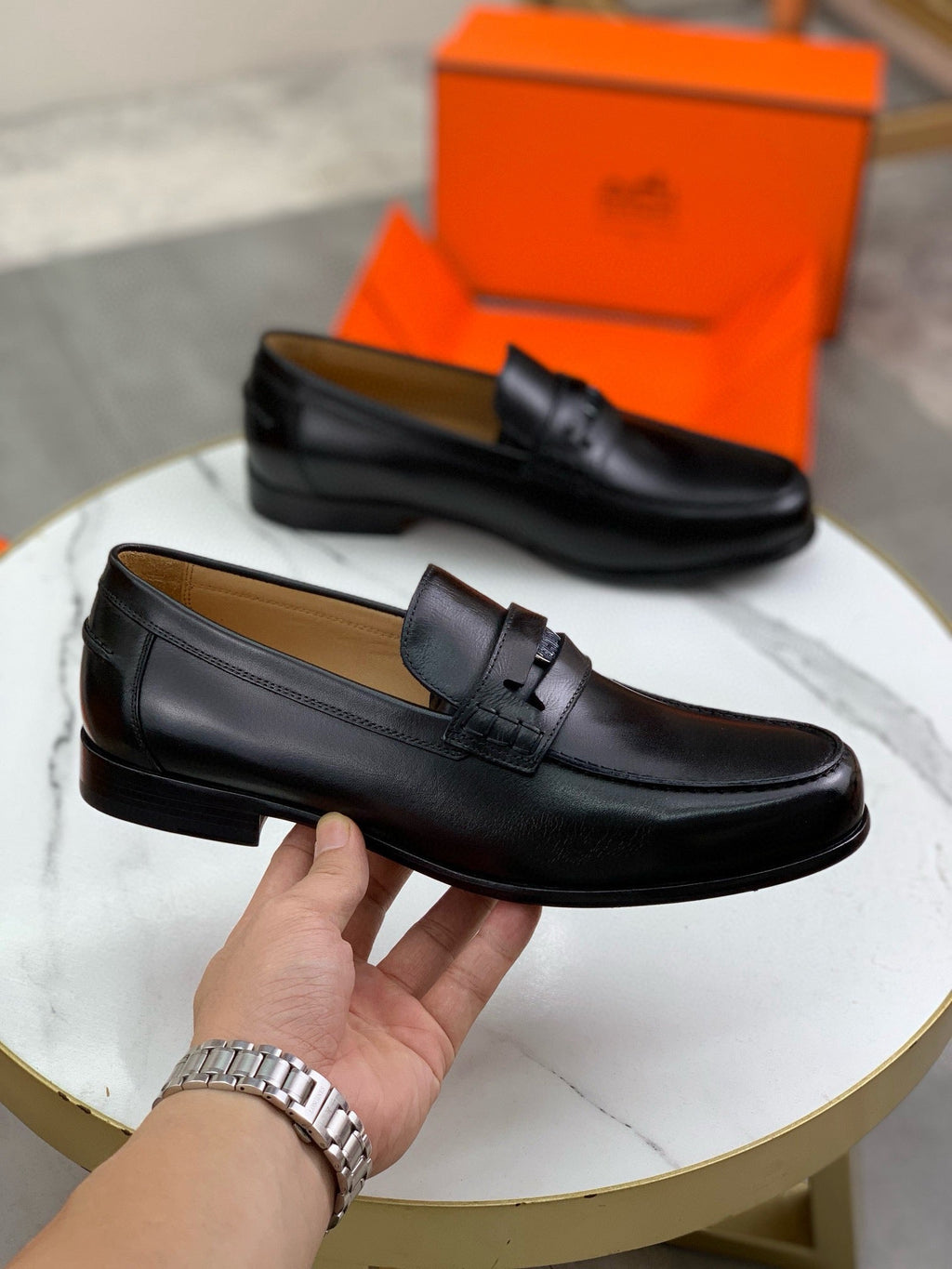 Hermès Men's Penny Loafers "Black" Smooth Calf Leather Slip On Formal Dress Shoes