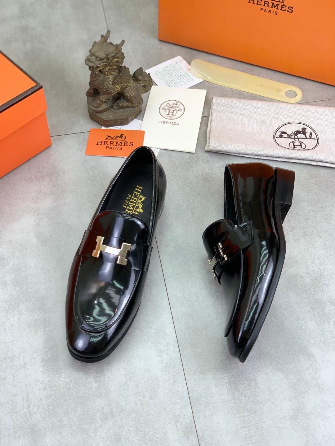 Hermes Royal Loafers Men's "Black" Patent Leather H Logo Slip On Dress Shoes