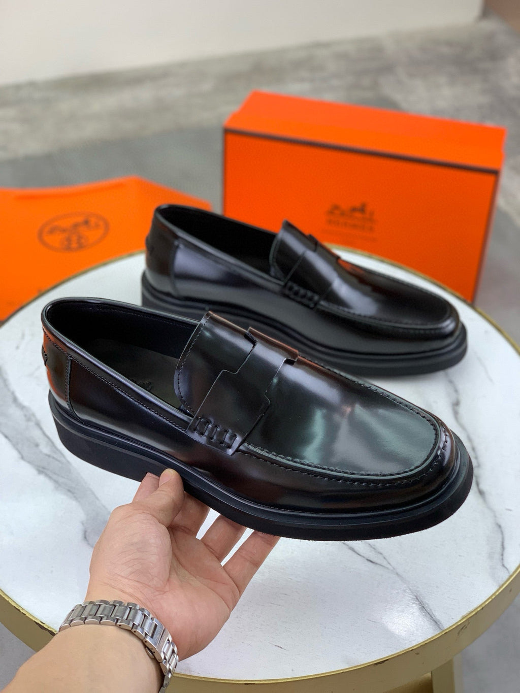 Hermès Men's H Penny Loafers "Black" Polished Calfskin Thick Sole Formal Shoes