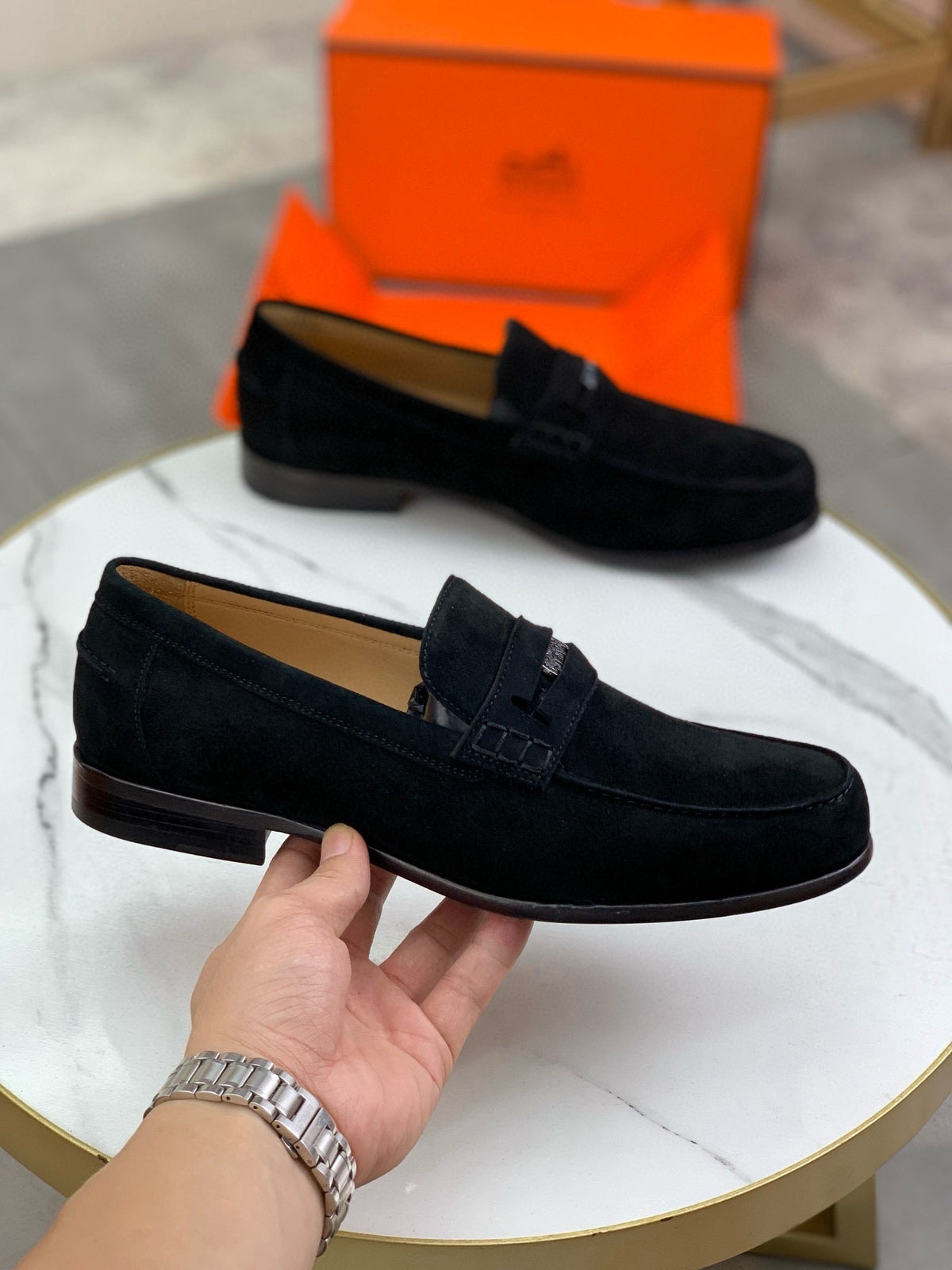 Hermès Men's Penny Loafers "Black" Suede Leather Metal Buckle Slip On Casual Dress Shoes